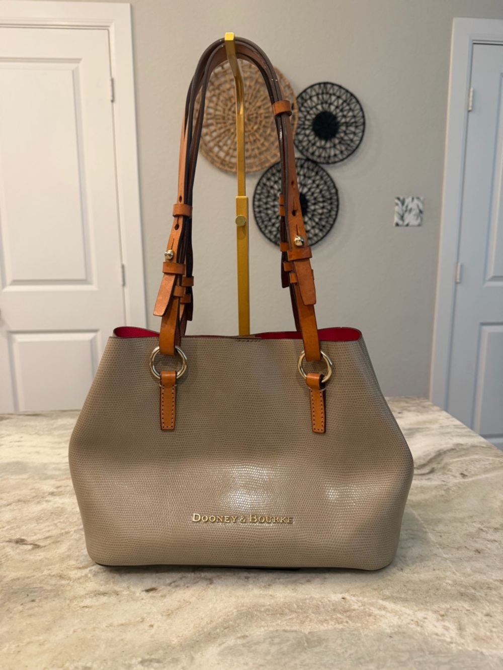 Dooney & Bourke Taupe Pebble Leather Tote with Tan Straps and Red Interior